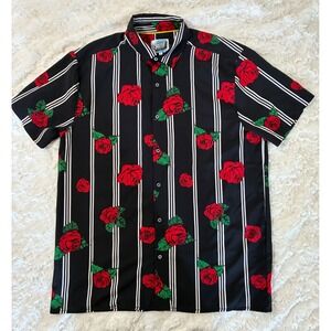 Fresh Prints of Bel-Air Mens Rose Stripe Button Up Shirt Black Red Large L